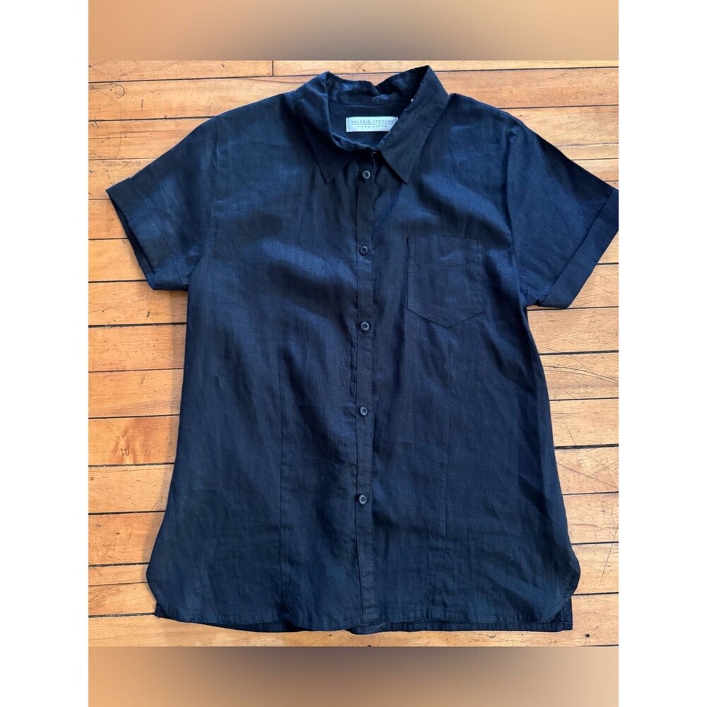 Valerie Stevens pure Linen Blouse short sleeve collar button black size large